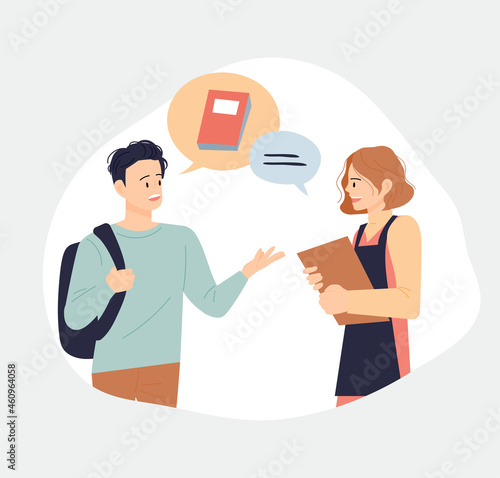 Book store and people. A customer asks a bookstore employee to find a book. flat design style vector illustration.
