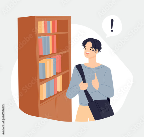Book store and people. Man looking for a book in a bookshelf. flat design style vector illustration.