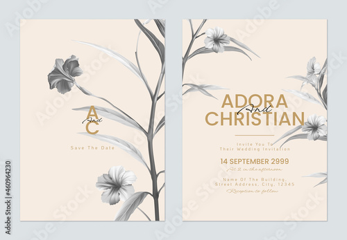 Floral wedding invitation card template, ruellia tuberosa flowers and line on brown photo