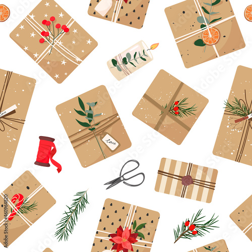 Christmas gifts in craft paper. Eco decor, eucalyptus and spruce. Preparing to celebrate Christmas and New Year 2022. Vector flat seamless pattern