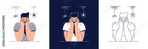 Phobia, Irrational Fears vector illustration set. Scared Man Character with hands on the face is afraid of Spiders. Arachnophobia, Fear of Spiders concept collection for web, banner flat design