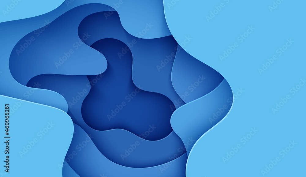 Abstract background in paper cut style. 3d wallpaper with cut out deep waves modern cover. Blue color layers with smooth shadow papercut art. Vector card illustration, origami geometric shapes Abstract background in paper cut style. 3d wallpaper with cut out deep waves modern cover. Blue color layers with smooth shadow papercut art. Vector card illustration, origami geometric shapes