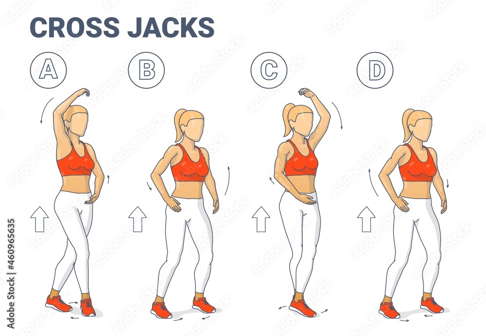 Cross Jacks Home Workout Exercise Guide Illustration. Girl Working on Her Muscles Colorful Concept.