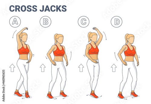 Cross Jacks Home Workout Exercise Guide Illustration. Girl Working on Her Muscles Colorful Concept.