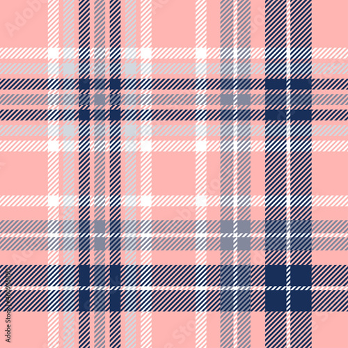 Seamless plaid check pattern in coral pink, navy, gray and white. 