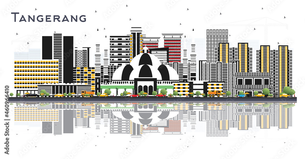 Tangerang Indonesia City Skyline with Gray Buildings and Reflections Isolated on White.