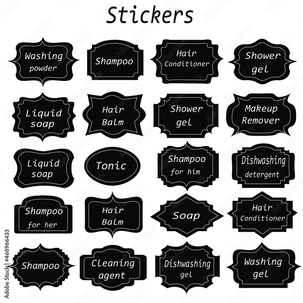 Stickers on a white background and transparent for sticking to bottles, containers, cosmetics, shampoos, cleaning products. Isolated vector objects.