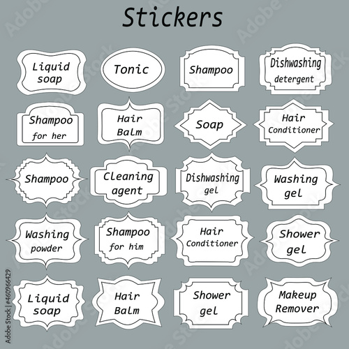 Stickers on a white background and transparent for sticking to bottles, containers, cosmetics, shampoos, cleaning products. Isolated vector objects.