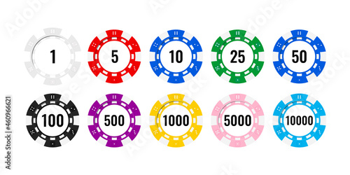 Casino poker chip colorful icons set isolated on white background. Casino coin for roulette gambling with numbers. Vector flat design cartoon style illustration