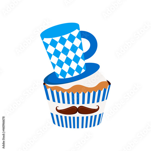 Oktoberfest cupcake with hat and mustache german food isolated on white background. Cute sweets food - icing muffin with bavarian pattern cap. Flat design cartoon style dessert vector illustration.