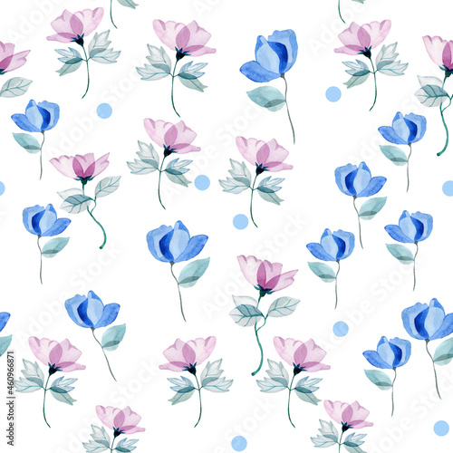 Fototapeta Naklejka Na Ścianę i Meble -  Digital Paper Wallpaper Seamless Pattern for Textiles Watercolor Delicate Flowers Pink Purple Blue