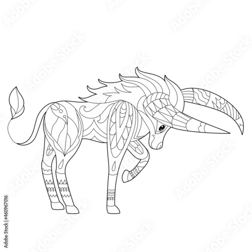 Cute taurus. Doodle style  black and white background. Funny animal  coloring book pages. Hand drawn illustration in zentangle style for children and adults  tattoo.