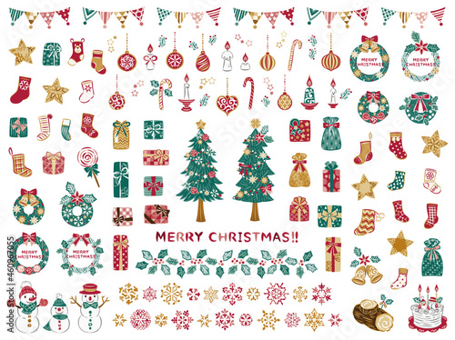 クリスマスツリー　リース　プレゼント　イラスト素材セット	