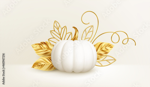 3d realistic white golden pumpkin with golden leaves, curls isolated on white background. Thanksgiving background with pumpkins. Vector illustration