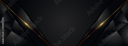 Abstract Black Background Combined with 3d Polygonal Shape and Golden Glitter Lines. Luxury Elegant Style Concept. Usable for Background, Wallpaper, Banner, Poster, Brochure, Card, Web, Presentation.