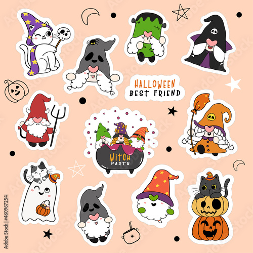 Set of cute Halloween Gnome and cat in fancy costume party cartoon sticker collection. © Natsicha