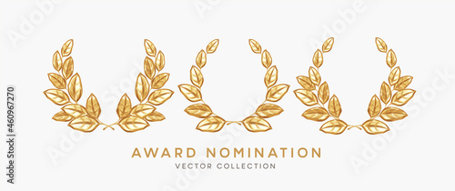 Set of 3d realistic gold laurel wreath winner award nominations isolated on white background. Award, prize, rewarding, nominating design elements. Vector illustration