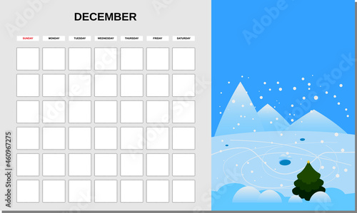 Calendar Planner December month. Minimalistic landscape natural backgrounds Winter. Monthly template for diary business. Vector isolated photo