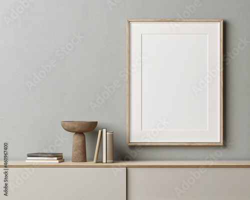 Mock-up poster design with home decoration on the desk, 3d illustration