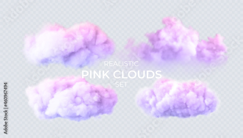 Pink, blue, purple clouds isolated on a transparent background. 3D realistic set of clouds. Real transparent effect. Vector illustration