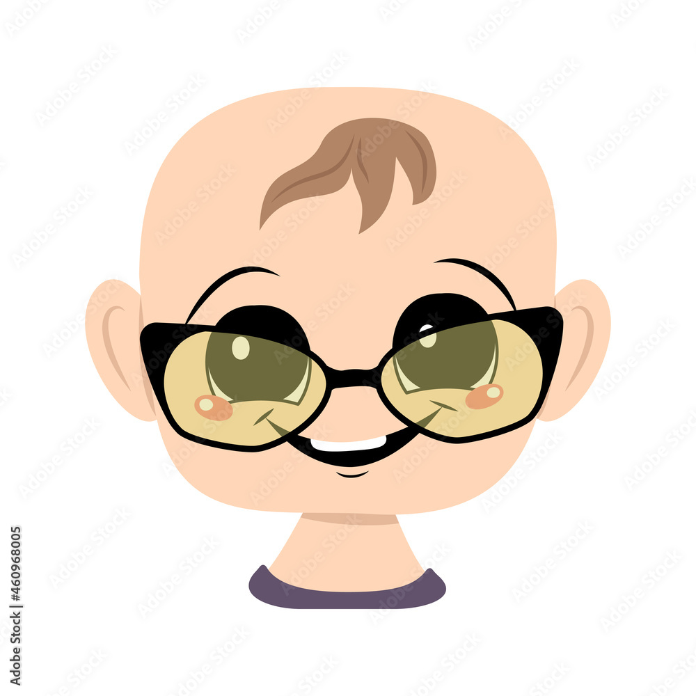 Child with big eyes, glasses and wide happy smile. Head of cute child with joyful expression