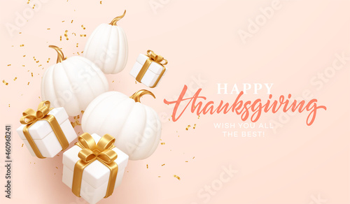 3d realistic white and gold pumpkin with gold leaves and gift box isolated on white background. Thanksgiving background with pumpkins and gift box. Vector illustration