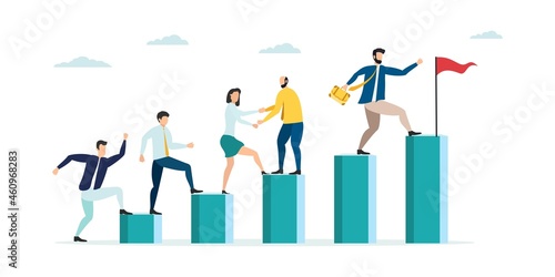 Employees giving hands and helping colleagues to walk upstairs. Team giving support, growing together. Vector illustration for teamwork, cooperation concept.