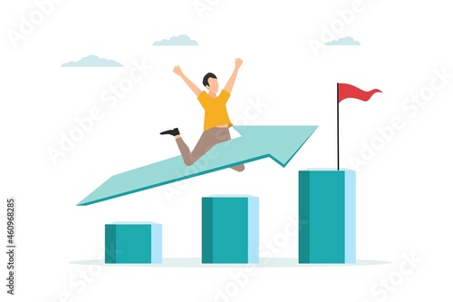 The businessman on the arrow flies forward. striving to the top. The team provides support, grows together. Vector illustration for teamwork, collaboration concept.
