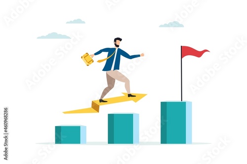 The businessman on the arrow flies forward. striving to the top. The team provides support, grows together. Vector illustration for teamwork, collaboration concept.