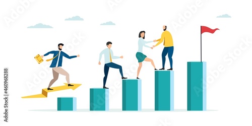 Employees giving hands and helping colleagues to walk upstairs. Team giving support, growing together. Vector illustration for teamwork, cooperation concept.