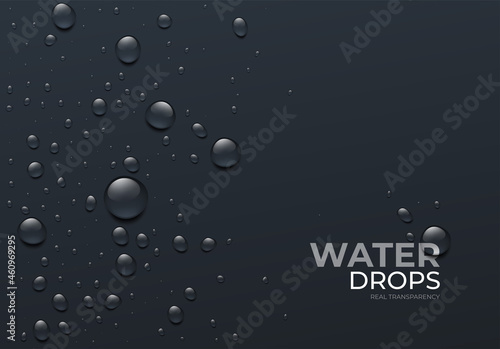 Realistic Water Drops on Black Background, Real Transparent Effect. Vector illustration