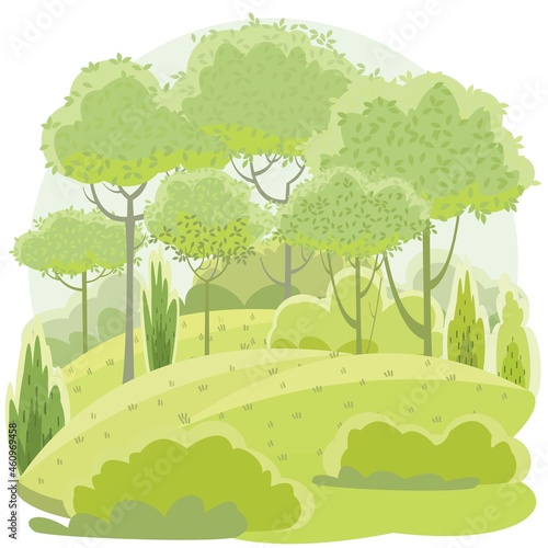 Amusing beautiful forest landscape. Green. Cartoon style. Grass hills. Rural natural look. Cool romantic pretty. Flat design illustration. Isolated on white background. Vector art
