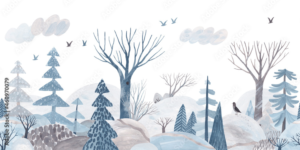 Fototapeta Winter forest. Gouache landscape. Children's horizontal poster. Horizontal border. Seamless pattern.