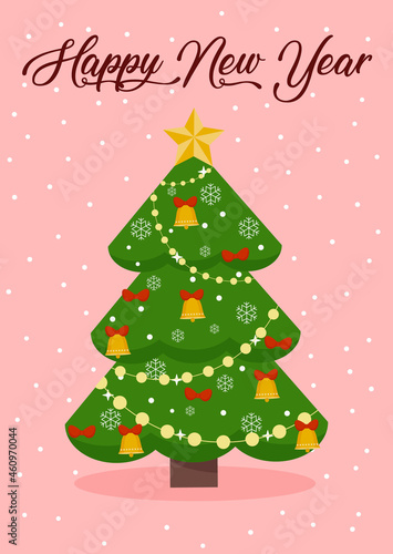 Design of New Year's card with the image of Christmas tree. Vector illustration, cartoon style.