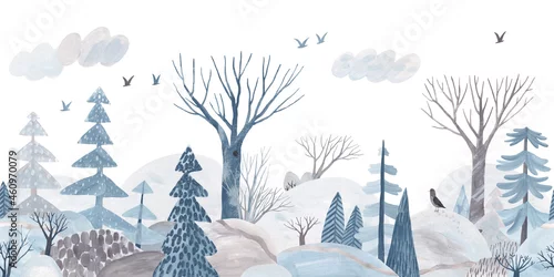 Obraz Winter forest. Gouache landscape. Children's horizontal poster. Horizontal border. Seamless pattern.