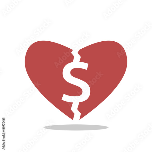 Heart cracked by dollar sign. Corruption, relationship, wealth, poverty, money, greed and consumerism concept. Flat design. EPS 8 vector illustration, no transparency, no gradients