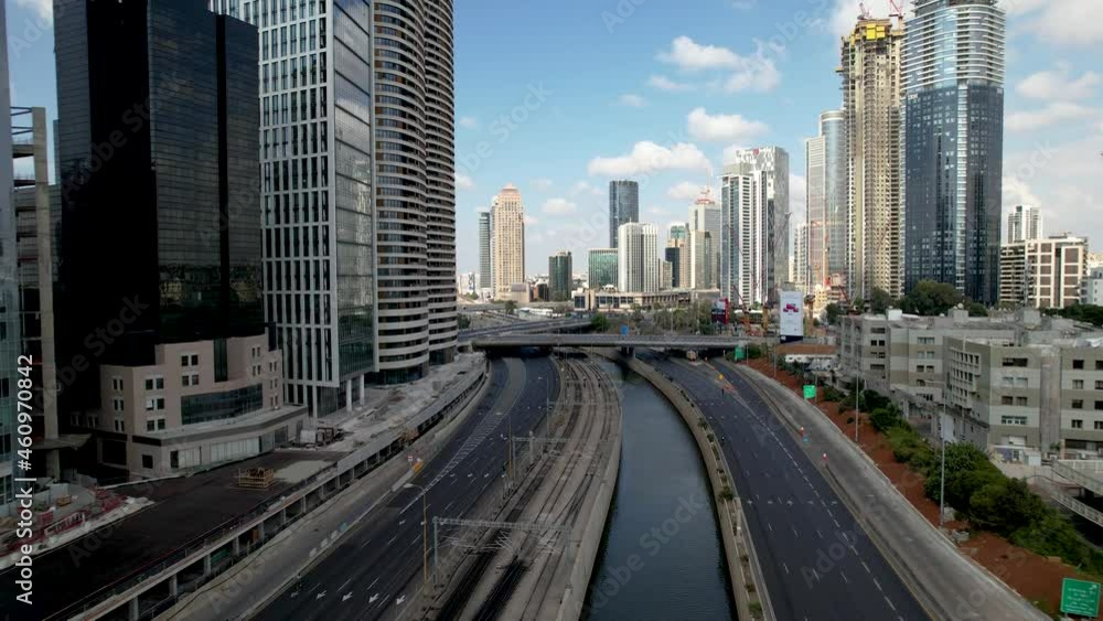 Aerial drone view over the Ayalon River and the quiet Tel Aviv, Israel - Day of Atonement Aerial drone view over the Ayalon River and the quiet Tel Aviv, Israel - Day of Atonement