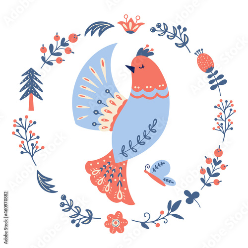 Vector bird in scandinavian style Folk forest animal