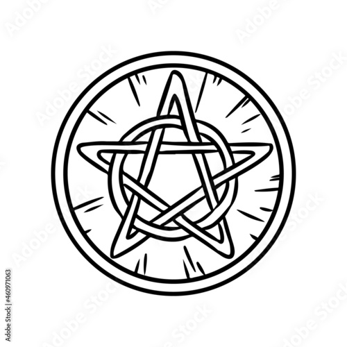 Pentacle occult sign in a circle. Wooden pentagram hand drawn magic doodle. Isolated vector pagan wiccan image.