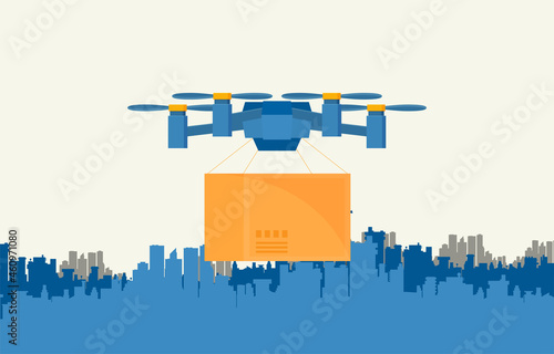 Remote air drone with a box in flat style vector