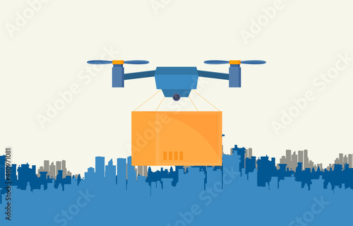 Remote air drone with a box in flat style vector