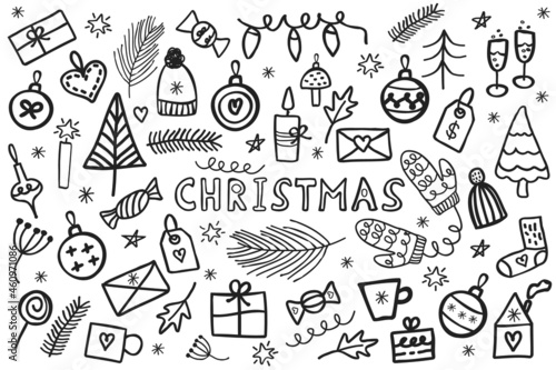 Big set of Christmas design element in doodle style, cute hand drawn Christmas elements. New Year and Christmas doodled icons for greeting cards.