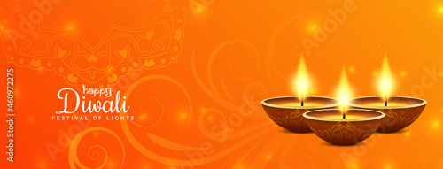 Happy Diwali hindu festival banner design with lamps