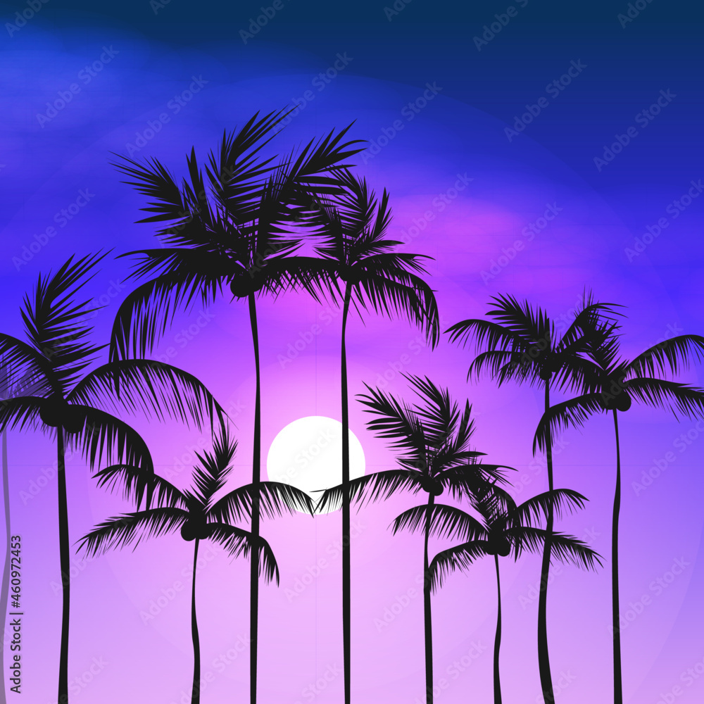 Tropical Evening Beach With Moon Coconut Palm Tree