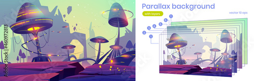 Parallax background alien planet 2d landscape with fantasy mushrooms trees or buildings and rocks. Extraterrestrial nature layered scene for computer game. Cartoon vector scenery view, ui animation