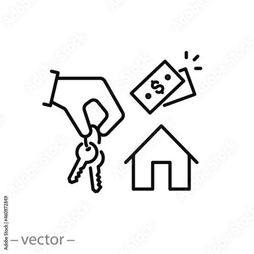 hand giving key of house icon, estate rent, real agent broker, sale new home, dealer or landlord apartment, thin line symbol on white background - editable stroke vector illustration eps10