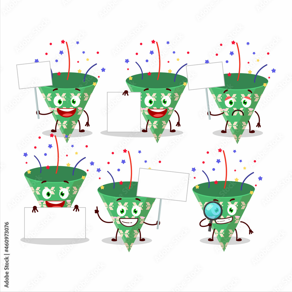 Fototapeta premium Dark green party popper with confetti cartoon character bring information board