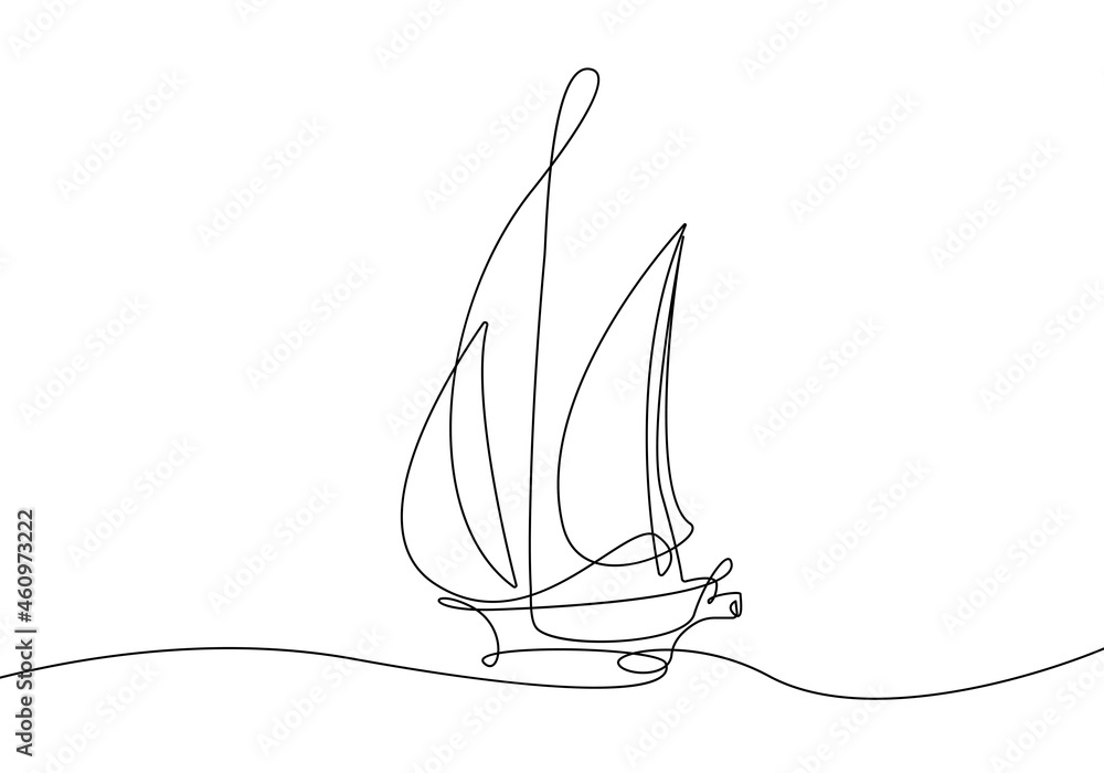 Single Continuous Line Art Yacht. Sea Yacht Silhouette Abstract
