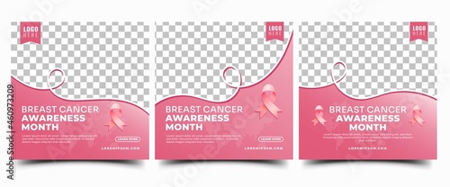 Breast cancer social media post template design collection. Editable modern banner with pink background, ribbon, and place for the photo. Usable for social media post, banner, card, and website.	