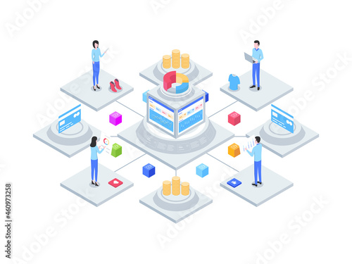 E-Commerce Integrated Accounting Isometric Illustration. Suitable for Mobile App, Website, Banner, Diagrams, Infographics, and Other Graphic Assets.